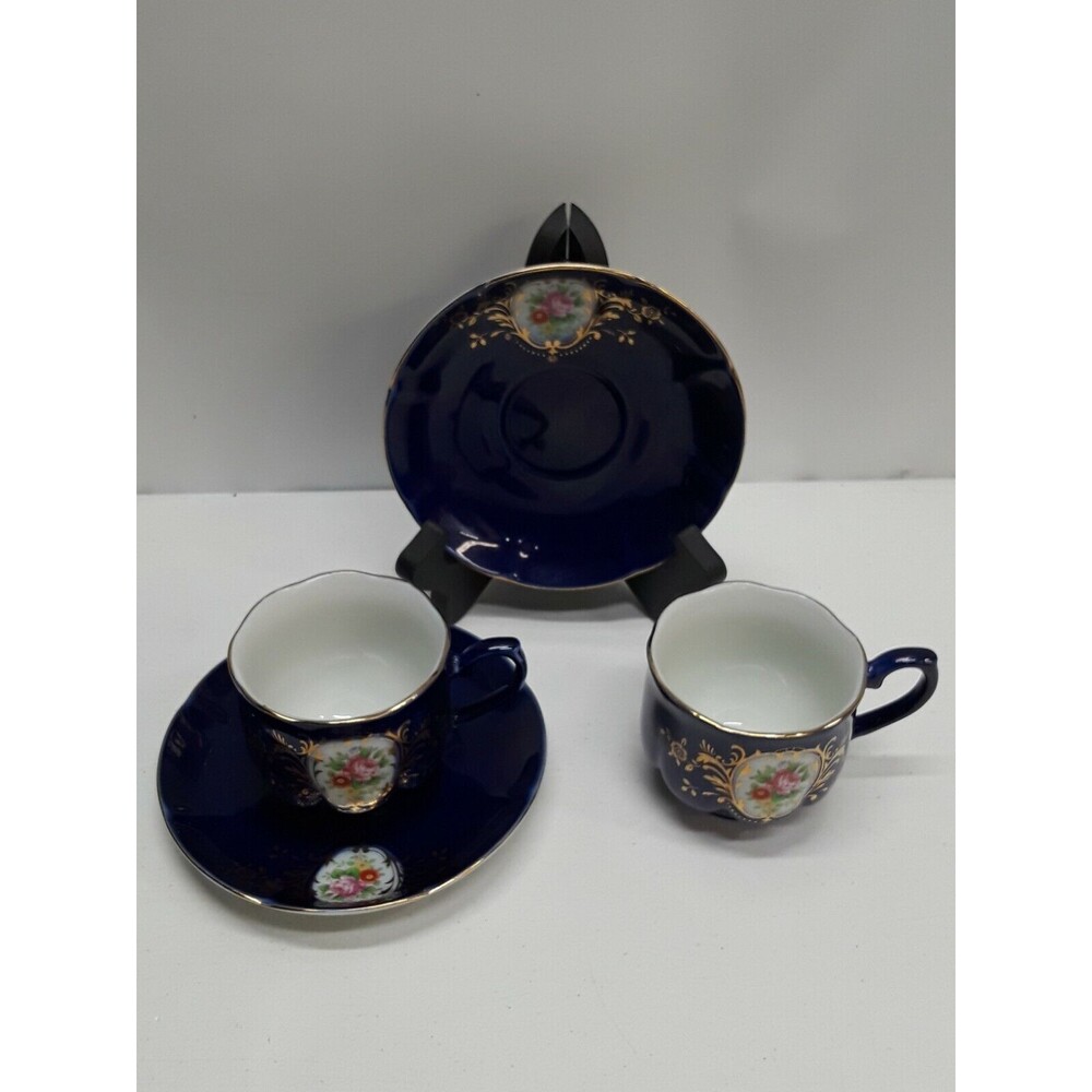 Vtg Set Of 2 Cobalt Blue Demitasse Cup Saucer KT Hand Spray in Glaze Roses Japan